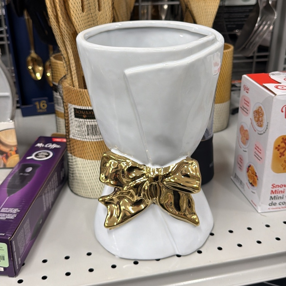 White Ceramic Vase with Gold Bow
